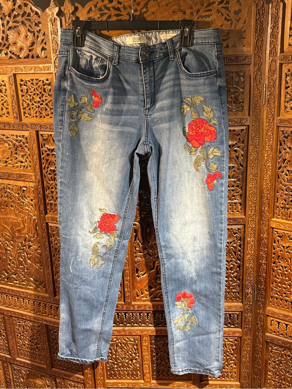 Vintage America Blue Skinny Jeans with Red Rose Embroidery